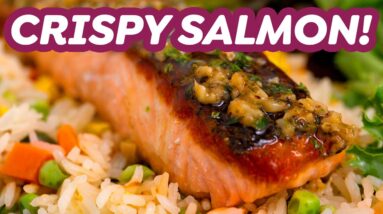 CRISPY Salmon with Lemon Butter Sauce & Rice Pilaf