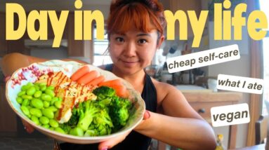 WHAT I ATE IN A DAY (VEGAN) 🌱 simple life with dogs, cheap self care ideas, groceries & little joys
