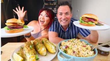 VEGAN MUKBANG: BURGERS, MACARONI SALAD & STREET CORN (Vegan BBQ) | Munching Mondays Ep.136