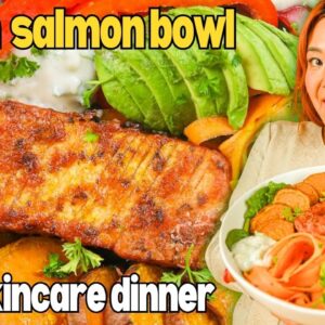 VIRAL SKINCARE DINNER (VEGAN) | Eating Our Skincare: Vegan Salmon Bowl